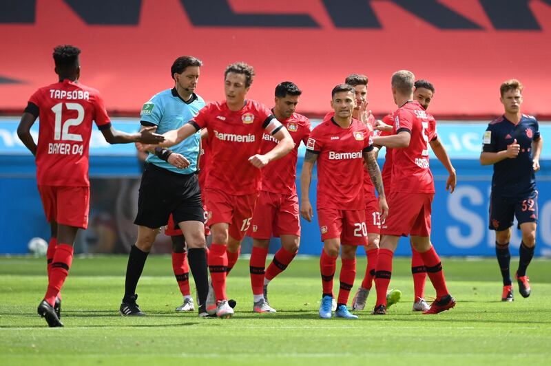 Lucas Alario of Leverkusen celebrates his team's first goal. EPA