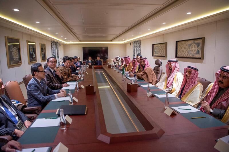 Crown Prince Mohammed bin Salman meets with Mr. Abe during a meeting in Riyadh.