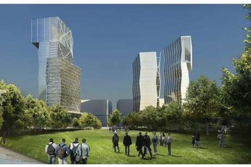 In this computer-generated photo, architects experiment with the look of towers that have been proposed for the rim of the city.