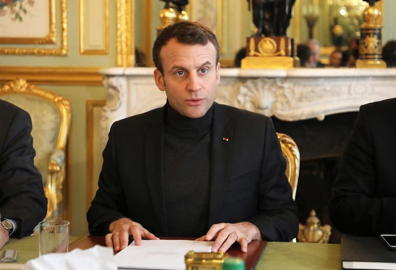 French president Emmanuel Macron speaks during a Trianon Council meeting aiming to strengthen the links between France and Russia, Friday Feb. 9, 2018, at the Elysee palace in Paris. The Kremlin said Friday the two leaders exchanged views on bilateral ties, including preparations for Macron's trip to Russia, set for May, during which he is set to attend an economic forum in St. Petersburg. (Ludovic Marin, Pool via AP)