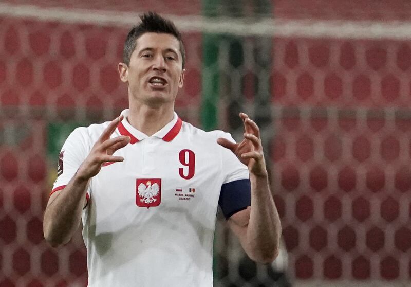 Robert Lewandowski celebrates scoring Poland's second goal against Andorra in their World Cup qualifier on March 28. Reuters