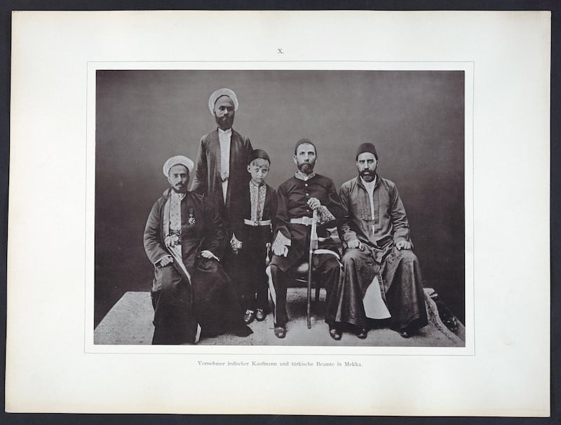 Indian merchant and Turkish officials in Makkah, Saudi Arabia, circa 1884-1888. Copyright Hisham Khatib