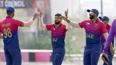 Akif Raja of UAE celebrates a wicket in the ACC Men's Premier Cup 2024 Group B match between the United Arab Emirates (UAE) and Cambodia in Oman Cricket Stadium in Al Amerat, Muscat, Oman on 17th April 2024. Photo By: Subas Humagain for The National