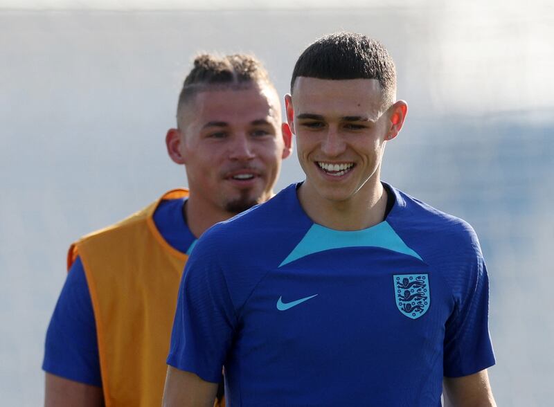 Kalvin Phillips, left, believes his England and Manchester teammate Phil Foden 'will shine' if called upon at the World Cup. Reuters