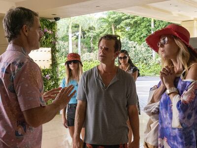 Steve Zahn, Murray Bartlett, Connie Britton, Sydney Sweeney, and Brittany O'Grady in a scene from 'The White Lotus' one of the Emmy's biggest winners. Photo: HBO