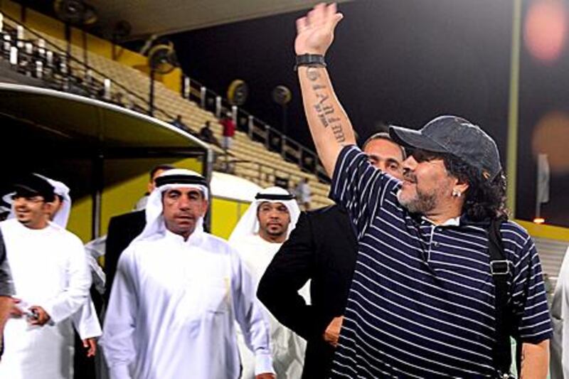 Diego Maradona, who is set to meet Al Wasl's management to articulate his vision and discuss hiring his backroom staff, will also watch the club's last game of the season against Sharjah on Sunday.