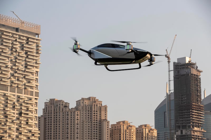 The X2 flying car takes off the ground at its maiden flight in Skydive Dubai on Monday evening. 

