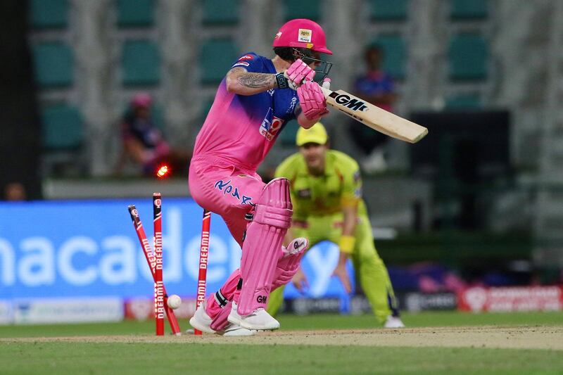 Ben Stokes of Rajasthan Royals gets clean bowled during match 37 of season 13 of the Dream 11 Indian Premier League (IPL) between the Chennai Super Kings and the Rajasthan Royals at the Sheikh Zayed Stadium, Abu Dhabi  in the United Arab Emirates on the 19th October 2020.  Photo by: Pankaj Nangia  / Sportzpics for BCCI