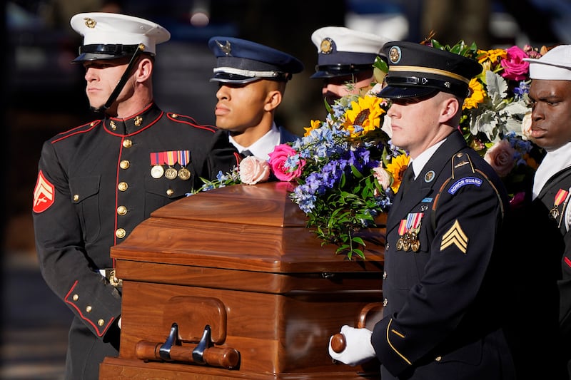 A military team carries the casket of former first lady Rosalynn Carter as it arrives at the Jimmy Carter Presidential Library and Museum for her memorial service in Atlanta, Georgia, US. AP