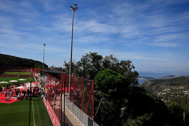 A photograph shows the pitch at the Performance Center, the new training center of the AS Monaco football club, on its inauguration day in La Turbie, southeastern France, on September 5, 2022.  (Photo by Valery HACHE  /  AFP)