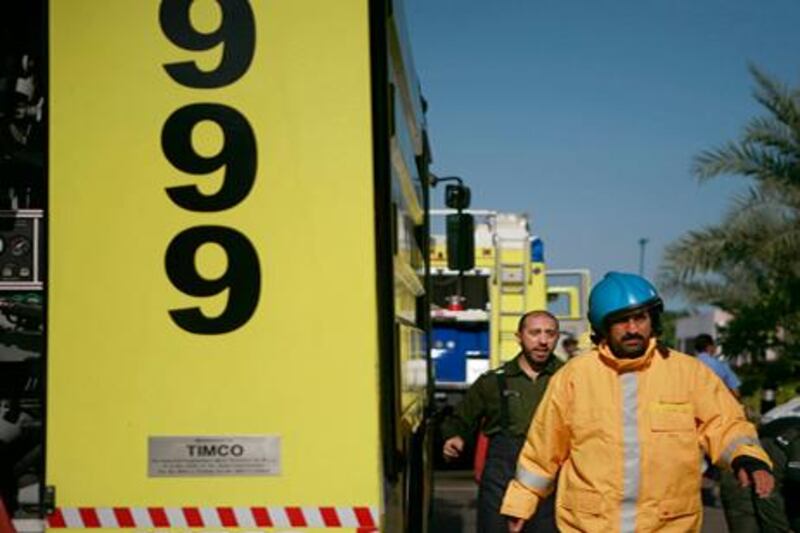 Abu Dhabi - December 17, 2008: Firefighters arrive at the hotel during a fire drill at Le Royal MŽridien.  ( Philip Cheung / The National )