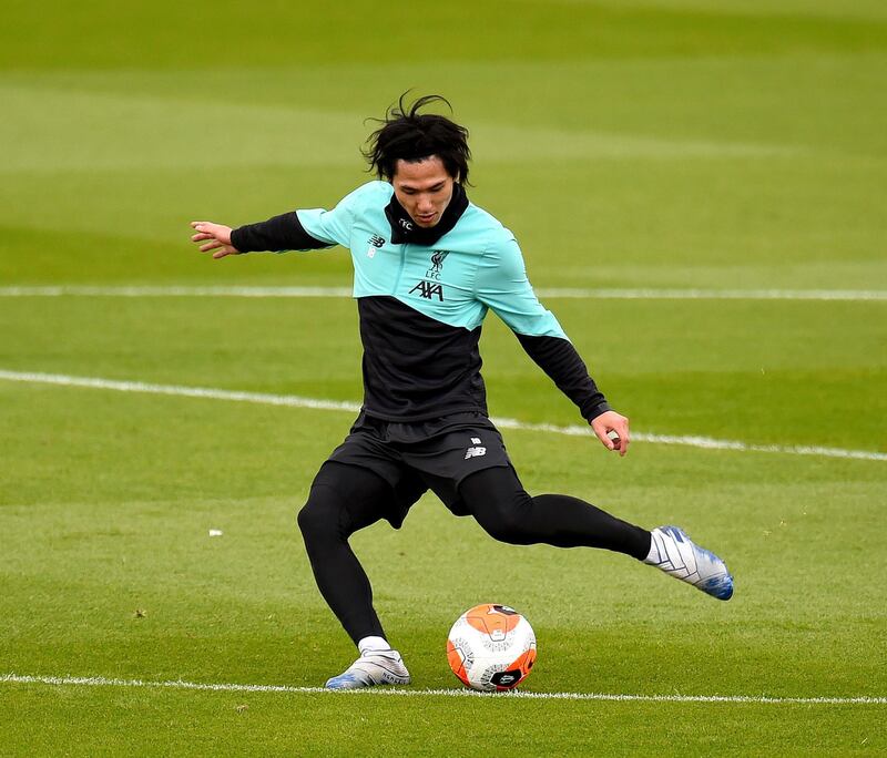 LIVERPOOL, ENGLAND - MAY 24: (THE SUN OUT, THE SUN ON SUNDAY OUT) Takumi Minamino of Liverpool during a training session at Melwood Training Ground on May 24, 2020 in Liverpool, England. (Photo by Andrew Powell/Liverpool FC via Getty Images)