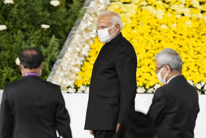 India's Prime Minister Narendra Modi after offering flowers during the funeral. EPA
