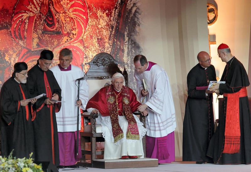 Pope Benedict XVI meets the youth of Lebanon in the Maronite patriarchat in Bkerke on September 15, 2012. Pope Benedict XVI urged Middle Eastern Christians and Muslims to forge a harmonious, pluralistic society in which the dignity of each person is respected and the right to worship in peace is guaranteed. AFP PHOTO / JOSEPH EID (Photo by JOSEPH EID / AFP)