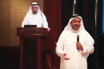 May 29, 2013, Dubai, UAE:

A conference was held inside of the Dusit Thani hotel on road safety in the UAE and the larger GCC region. 

Seen here, speaking, is the CEO of Saaed for Traffic Systems, Ibrahim Yousif Ramel.
Lee Hoagland/The National
