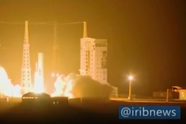 In this image taken from video an Iranian rocket carrying a satellite is launched from Imam Khomeini Spaceport in Iran’s Semnan province on Sunday, February 9. IRIB via AP