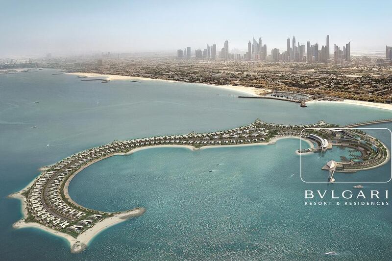 A sketch of the Bvlgari Residences with the Dubai skyline in the background. Courtesy Meraas