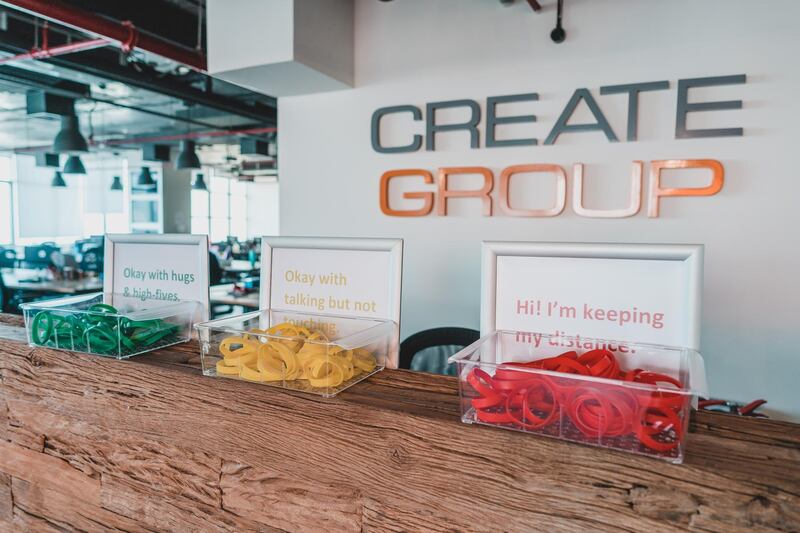 A traffic light-system of wristbands demonstrates how comfortable team members are with interaction in the office. Courtesy Create Media Group