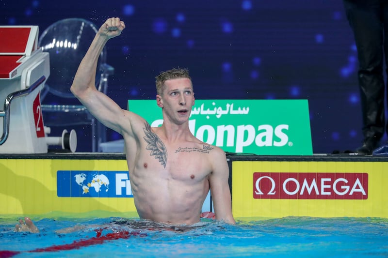 Florian Wellbrock of Germany won the men's 1500m freestyle title on the last day of the Fina World Swimming Championships at the Etihad Arena on Tuesday, December 21, 2021. All images Khushnum Bhandari / The National