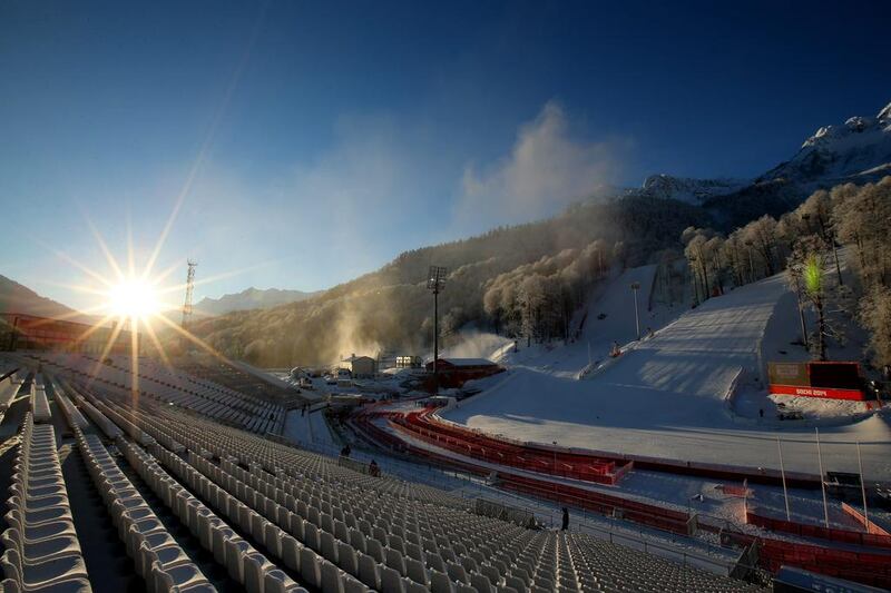A general view showing the finish area of the alpine skiing event ahead of the Sochi 2014 Winter Olympics at the Rosa Khutor Alpine Center, Mountain Cluster on Sunday.  Clive Rose / Getty Images