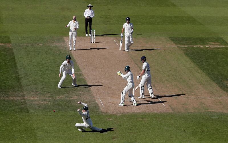 Australia fielder Steve Smith drops England's Ben Stokes off the bowling of Nathan Lyon at The Oval on Saturday. Getty