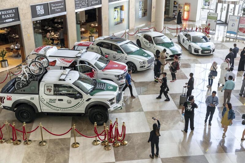 DUBAI, UNITED ARAB EMIRATES. 12 November 2019. The Dubai Police stand at the Dubai Motor Show opening day. (Photo: Antonie Robertson/The National) Journalist: Nic Webster. Section: National.
