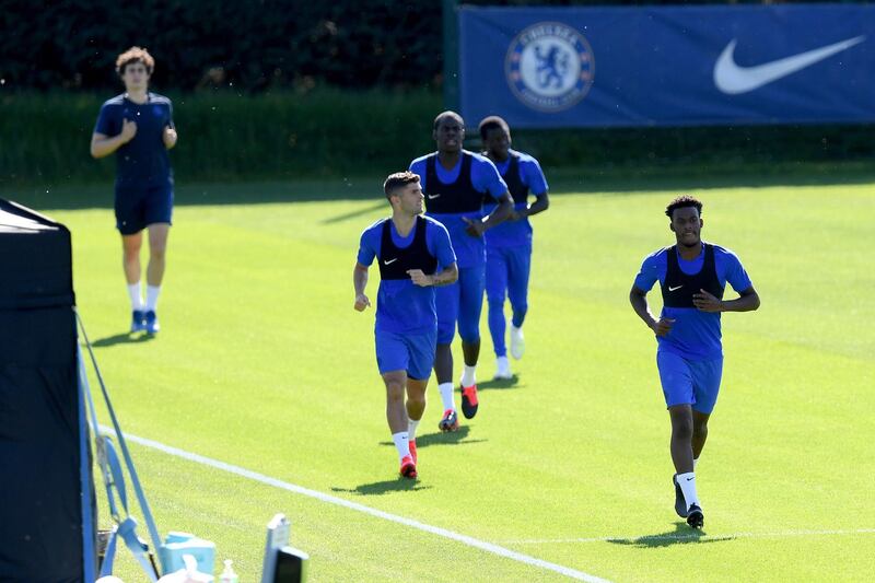COBHAM, ENGLAND - MAY 19: Callum Hudson-Odoi, Christian Pulisic of Chelsea during a self isolating small group training session at Chelsea Training Ground on May 19, 2020 in Cobham, England. (Photo by Darren Walsh/Chelsea FC via Getty Images)
