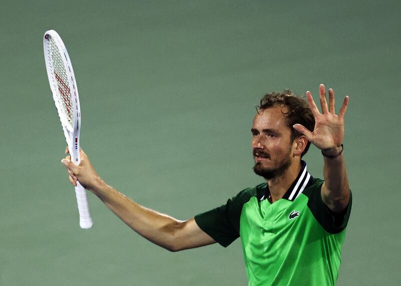 Russia's Daniil Medvedev celebrates after winning his round of 16 match against Italy's Lorenzo Sonego at the Dubai Tennis Duty Free Championships 3-6, 6-3, 6-3 on Wednesday, February 28, 2024. Reuters