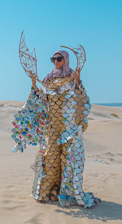 Reem models her Junk Kouture dress in the desert. Photo: Junk Kouture