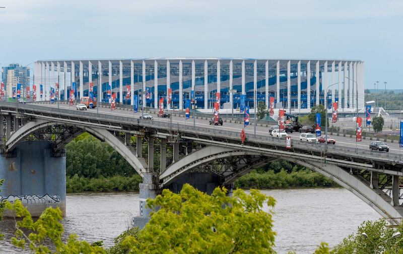 A picture taken on June 8, 2018 shows Nizhny Novgorod stadium, one of the venues of the upcoming football World Cup. / AFP / Martin BERNETTI

