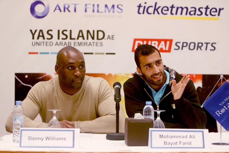 Danny Williams, left, and Mohammad Ali Bayat participate in a news conference a day before their respective boxing matches on Thursday at du Arena on Yas Island. Sammy Dallal / The National