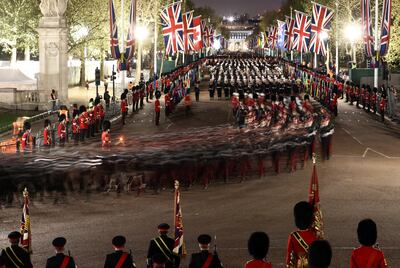 Members of the military take part in a dress rehearsal for the coronation in London. Reuters