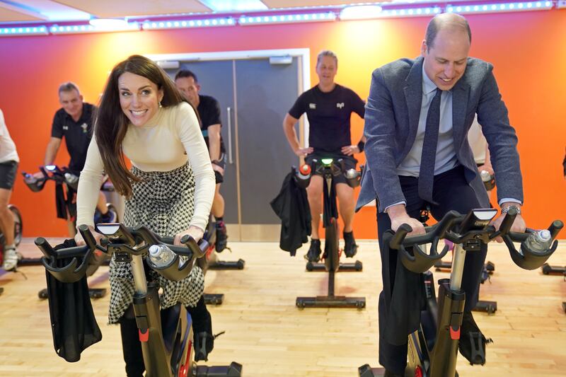 Catherine takes part in a spin class during a visit to Aberavon Leisure and Fitness Centre in Port Talbot, in February 2023