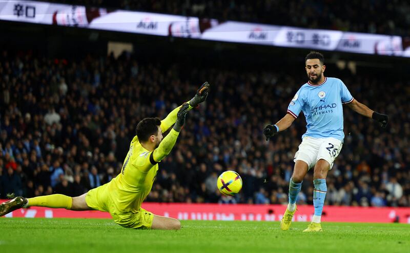 Riyad Mahrez scores City's fourth goal past Tottenham's Hugo Lloris. Reuters