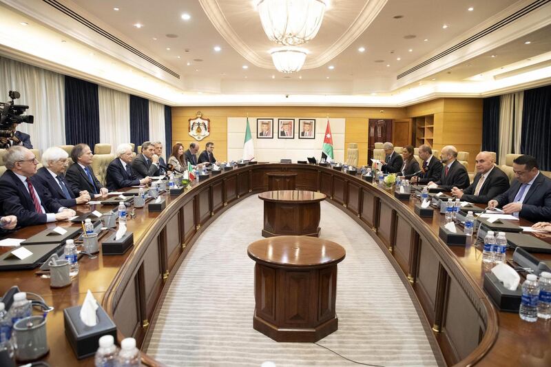 Italian President Sergio Mattarella meets with Prime Minister Omar Razzaz during talks with the respective delegations, on the occasion of an official visit to Amman, Jordan. EPA
