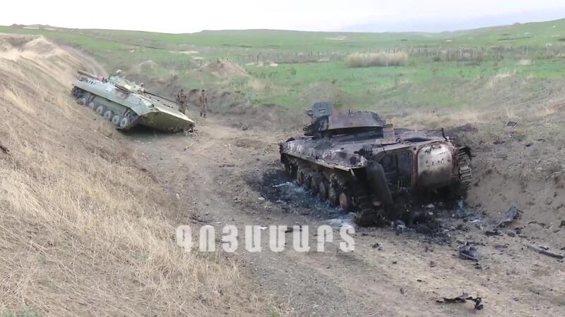 A grab taken from a handout video released by the so-called Nagorno-Karabakh (NKR) Defense Army, or Artsakh Defence Army, via Youtube claims to show tanks allegedly destroyed in shelling, artillery and air attacks along the front at Nagorno-Karabakh Republic, on a border of Armenia and Azerbaijan.  EPA