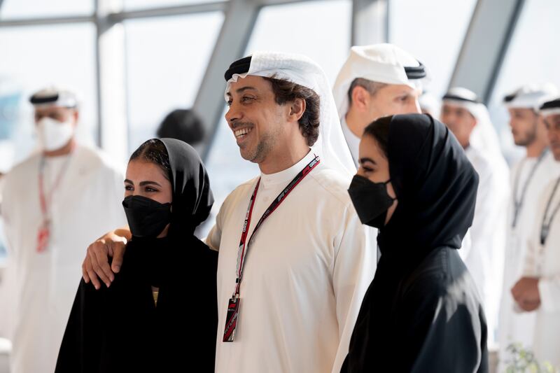 Sheikha Salama bint Mohamed bin Hamad bin Tahnoon Al Nahyan, Sheikh Mansour bin Zayed and Sheikha Hassa bint Mohamed bin Hamad bin Tahnoon Al Nahyan in Shams Tower. Photo: Ryan Carter / UAE Presidential Court