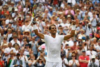 epaselect epa06865864 Rafael Nadal of Spain celebrates after defeating Mikhail Kukushkin of Kazakhstan during his second round match at the Wimbledon Championships at the All England Lawn Tennis Club, in London, Britain, 05 July 2018  EPA/NEIL HALL EDITORIAL USE ONLY/NO COMMERCIAL SALES
