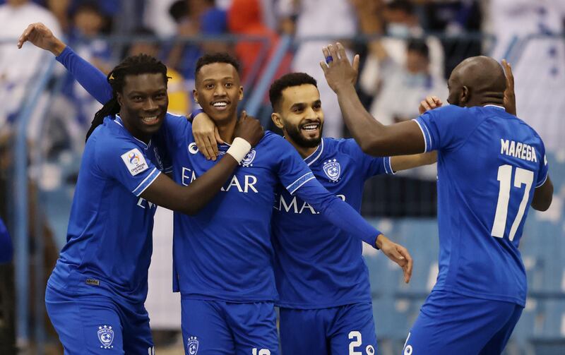 Al Hilal's Nasser Al Dawsari celebrates with Bafetimbi Gomis after scoring in the 2-0 win against Pohang Steelers in the 2021 Asian Champions League final at King Fahd Stadium in Riyadh. Reuters