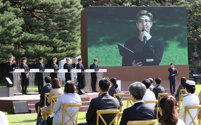South Korean K-Pop group BTS member RM speaks during a ceremony marking the National Youth Day at the presidential Blue House in Seoul, South Korea, Saturday, Sept. 19, 2020. (Lee Jin-wook/Yonhap via AP)