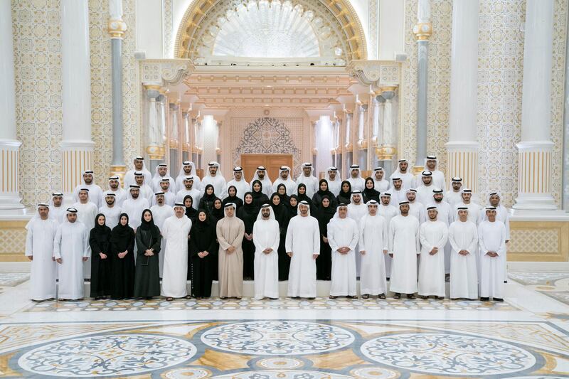 ABU DHABI, UNITED ARAB EMIRATES - January 05, 2020: HH Sheikh Mohamed bin Zayed Al Nahyan, Crown Prince of Abu Dhabi and Deputy Supreme Commander of the UAE Armed Forces (front row 7th R) and HH Sheikh Mohamed bin Rashid Al Maktoum, Vice-President, Prime Minister of the UAE, Ruler of Dubai and Minister of Defence (front row 8th R), stand for a photograph after signing a piece of the Hope Probe, which will be launched to Mars in July, at Qasr Al Watan. Seen with HE Dr Ahmed Abdullah Humaid Belhoul Al Falasi, UAE Minister of State for Higher Education (front row 2nd R), HH Lt General Sheikh Saif bin Zayed Al Nahyan, UAE Deputy Prime Minister and Minister of Interior (front row 6th R), HH Sheikh Mansour bin Zayed Al Nahyan, UAE Deputy Prime Minister and Minister of Presidential Affairs (front row 9th R), HE Sarah Yousif Al Amiri, UAE Minister of State for Advanced Sciences (front row 10th R) and HH Sheikh Abdullah bin Zayed Al Nahyan, UAE Minister of Foreign Affairs and International Cooperation (front row 11th R).

( Hamad Al Kaabi / Ministry of Presidential Affairs )
---