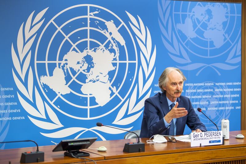 Geir Pedersen, the UN special envoy for Syria, speaks to the media at the UN's European headquarters in Geneva. EPA