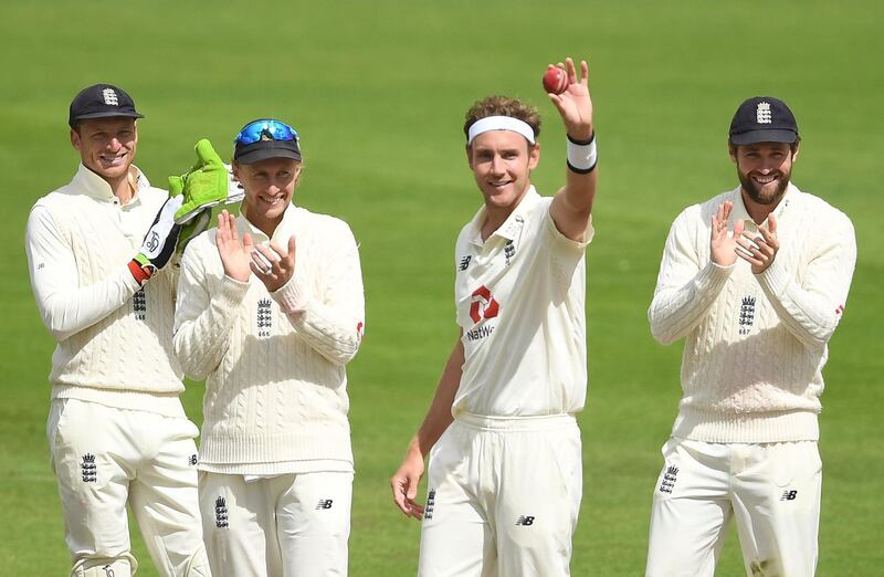 MANCHESTER, ENGLAND - JULY 28: Stuart Broad of England celebrates after taking the wicket of Kraigg Brathwaite of West Indies for his 500th Test Wicket during Day Five of the Ruth Strauss Foundation Test, the Third Test in the #RaiseTheBat Series match between England and the West Indies at Emirates Old Trafford on July 28, 2020 in Manchester, England. (Photo by Gareth Copley/Getty Images for ECB)