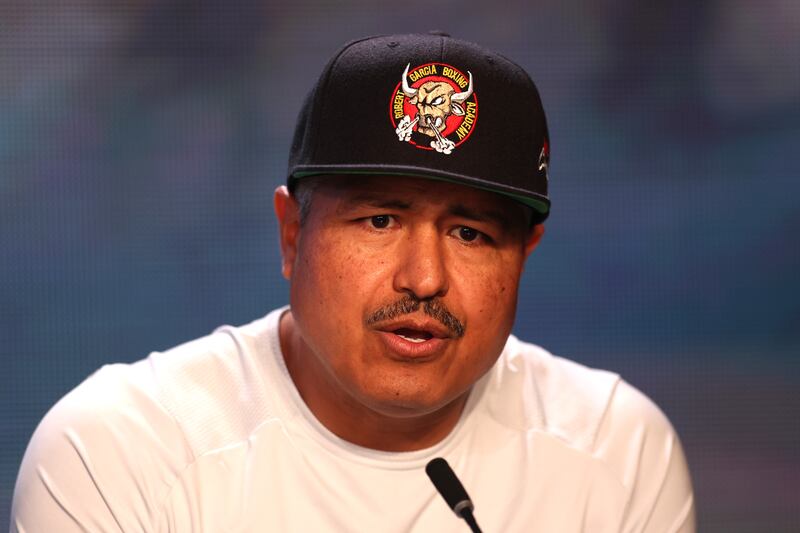 Robert Garcia, Anthony Joshua's trainer speaks during the press conference. Getty