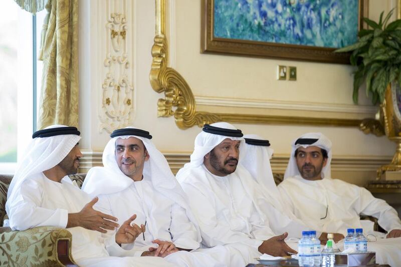 From left to right; Sheikh Nahyan bin Zayed, Chairman of the Board of Trustees of Zayed bin Sultan Al Nahyan Charitable and Humanitarian Foundation, Lt General Sheikh Saif bin Zayed, Deputy Prime Minister and Minister of Interior, Sheikh Saeed bin Mohammed, Sheikh Mohammed bin Butti Al Hamed, and Sheikh Hamed bin Zayed, Chairman of Crown Prince Court - Abu Dhabi and Executive Council Member, attend a Sea Palace barza. Ryan Carter / Crown Prince Court - Abu Dhabi