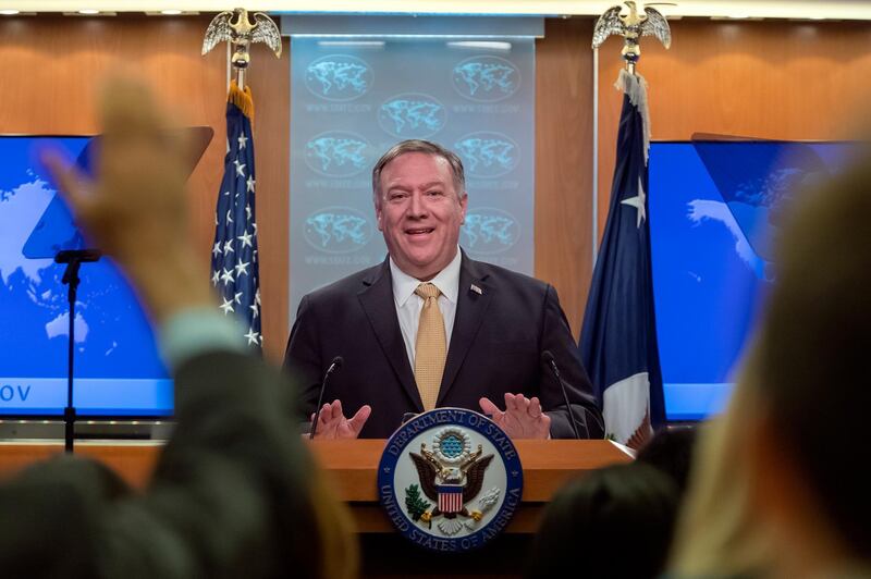 US Secretary of State Mike Pompeo speaks to the media in the briefing room at the State Department in Washington, DC, USA. Pompeo discussed several topics, including Israeli settlements in the West Bank and ongoing protests in Hong Kong, Iran and Iraq.  EPA