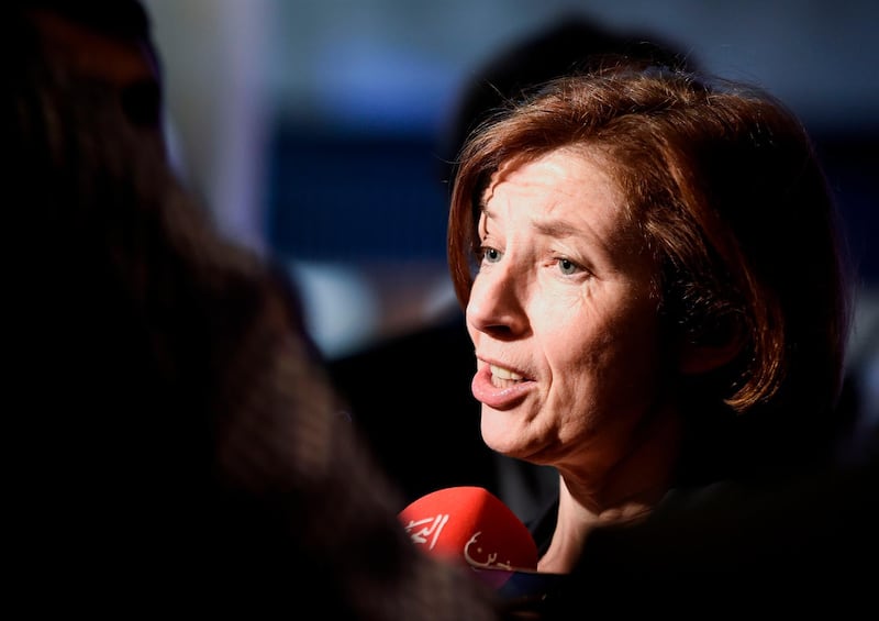 Florence Parly, French Defence Minister, speaks to media on the sidelines of 15th Manama Dialogue, a regional security summit organized by the International Institute for Strategic Studies (IISS) in the Bahraini capital Manama, on November 23, 2019.  / AFP / Mazen Mahdi
