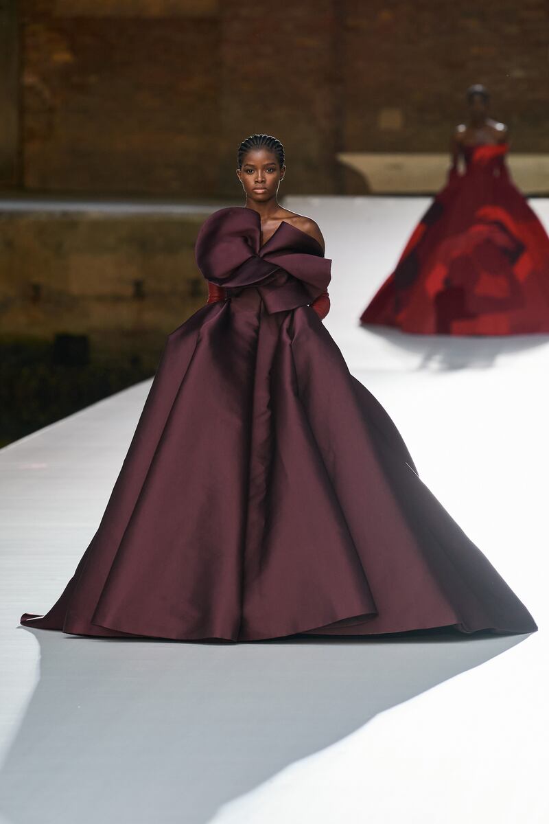A gown in rich chocolate brown for Valentino haute couture autumn 2021