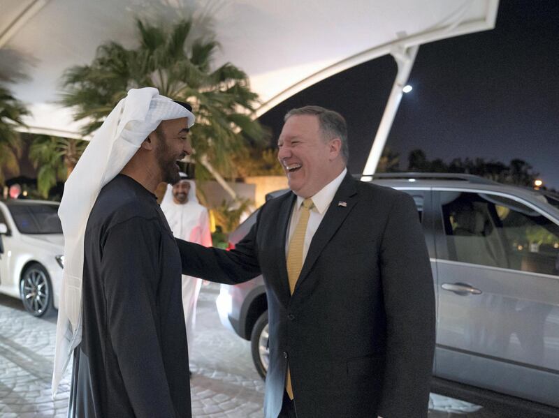 ABU DHABI, UNITED ARAB EMIRATES - January 12, 2019: HH Sheikh Mohamed bin Zayed Al Nahyan, Crown Prince of Abu Dhabi and Deputy Supreme Commander of the UAE Armed Forces (L), greets Michael Pompeo, US Secretary of State (R), upon his arrival at Al Shati Palace.

( Mohamed Al Hammadi / Ministry of Presidential Affairs )
---