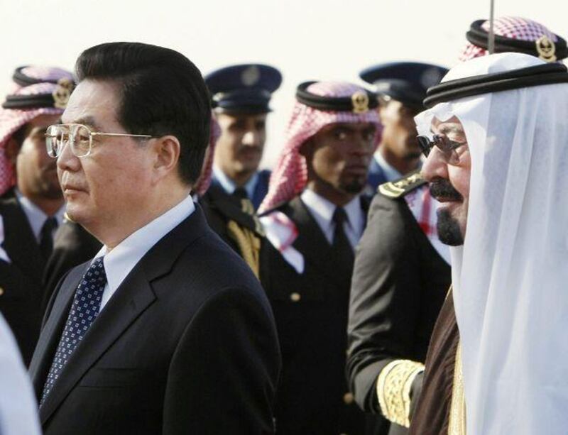 The Saudi King Abdullah, right, welcomes Hu Jintao, the Chinese president, in Riyadh on Feb 10 2009.